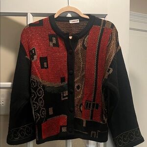 RODIER Red and Black Geometric Knit Cardigan Vintage